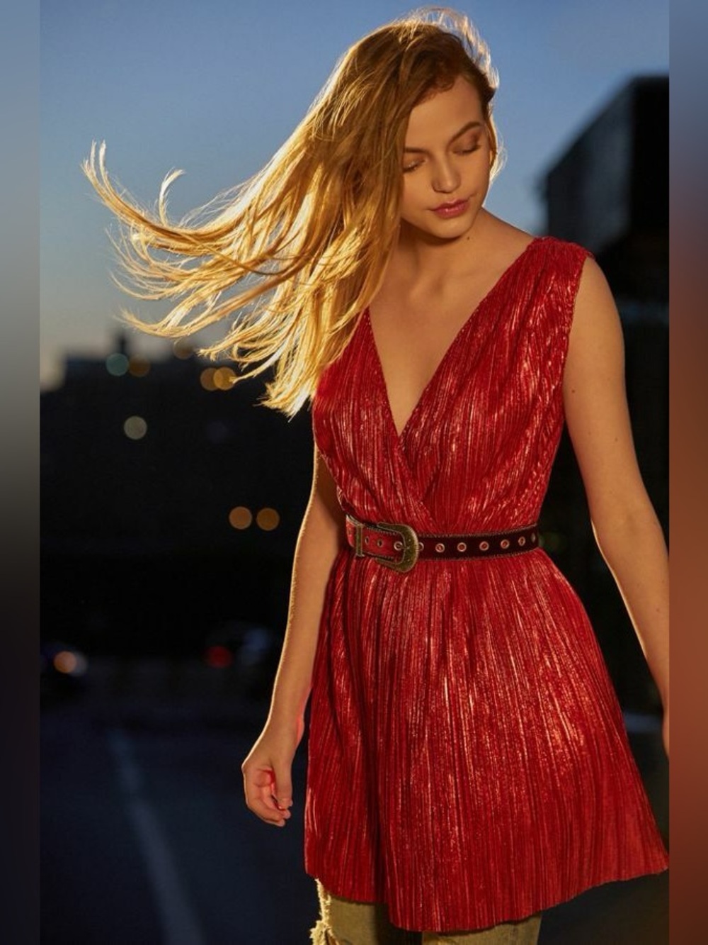 Ruby Red Urban Outfitters OML Red Plissé Accordion Pleated Mini Dress